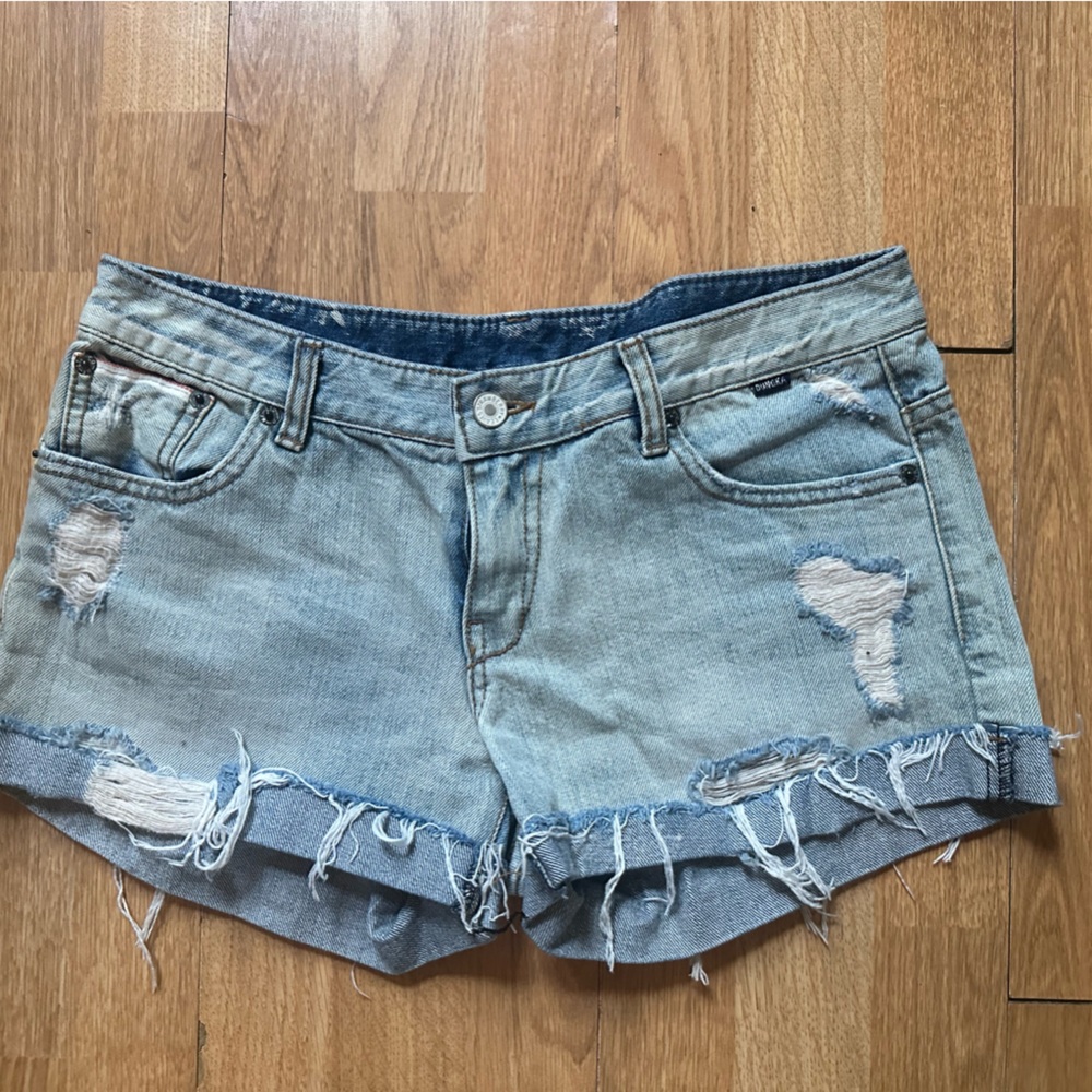 Blue Distressed Jean Shorts with Frayed Hem